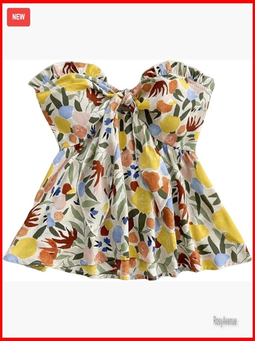 Floral Print Tie Front Tube Top Ruffle Trim Strapless Crop Top